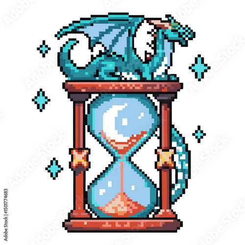 pixel art dragon on hourglass fantasy timekeeper with blue scales and stars