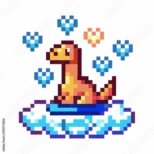 Pixel art dinosaur floating on cloud with heart symbols