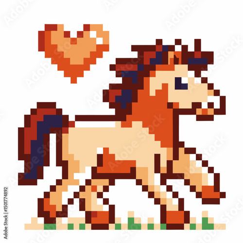 pixel art horse with heart retro game style, 8 bit animal design love, nostalgia, fun, digital illustration