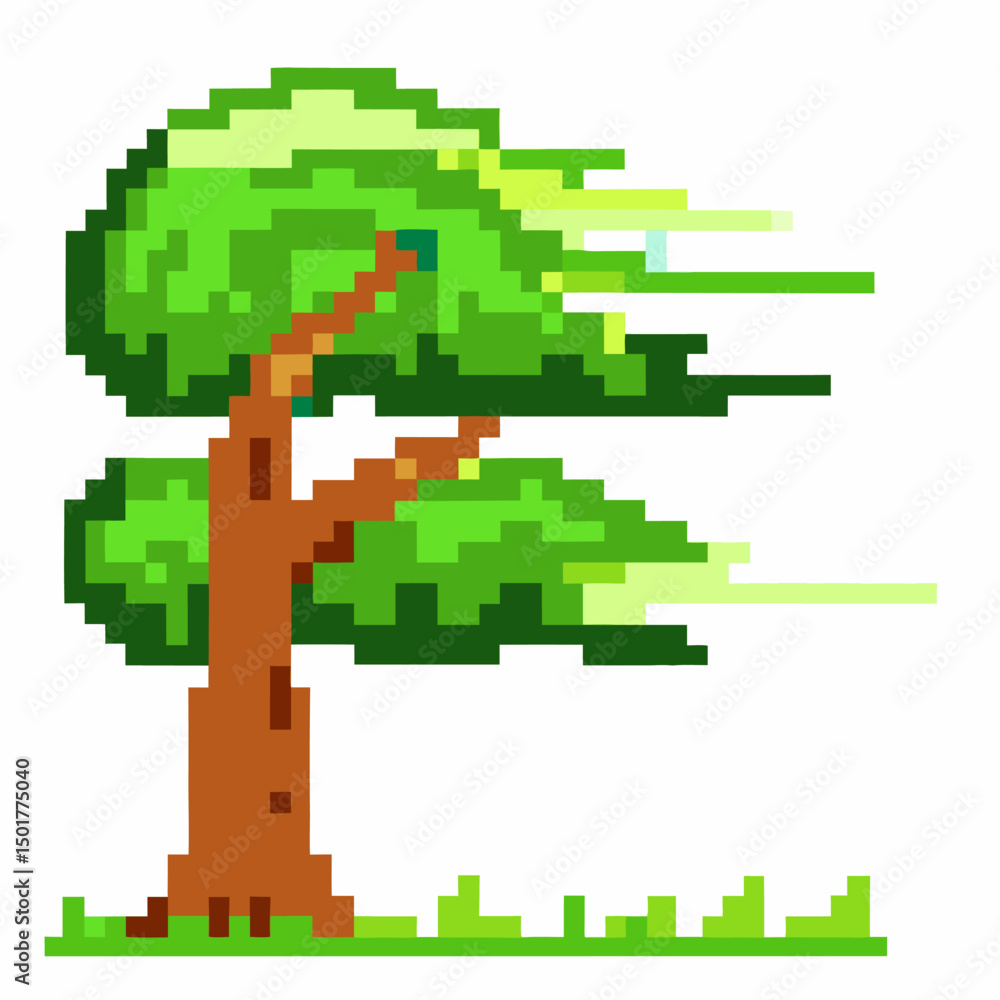 Fototapeta premium pixelated tree with green leaves and brown trunk, retro 8 bit digital art