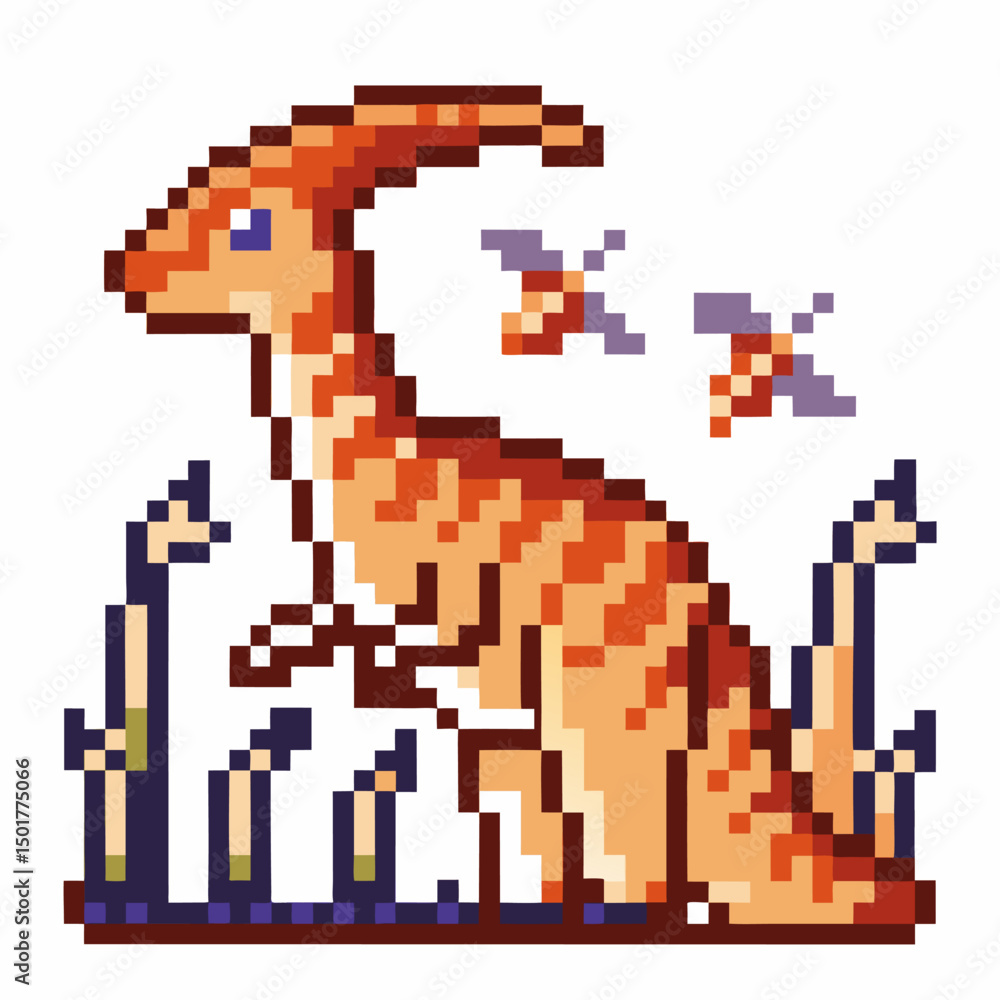 Fototapeta premium pixelated parasaurolophus dinosaur among plants and flying pterodactyls, retro video game art