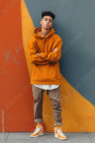 Young man posing confidently in trendy urban streetwear attired in orange hoodie and sneakers