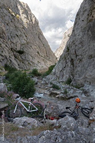 Bicycles parked in the Hoces de Vegacervera next to the Torio River, Leon