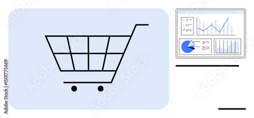 Shopping cart beside analytics dashboard with charts, graphs, and data indicators. Ideal for e-commerce, sales analysis, marketing strategy, business planning, retail growth, data-driven decisions