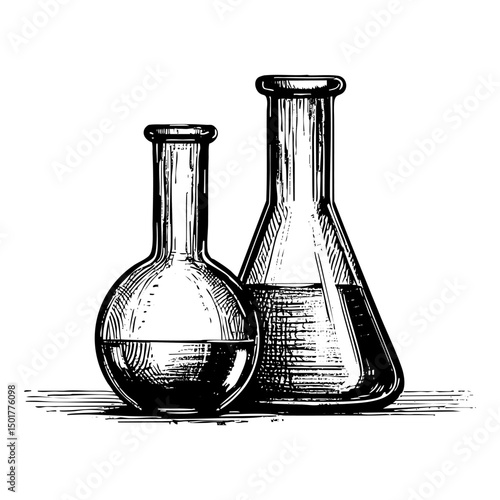 Beaker and erlenmeyer sketch engraving black and white outline. Scratch board imitation.  illustrated in vintage line art style on a white background.