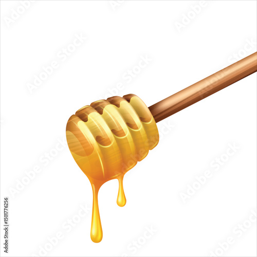 Honey dipper with sweet honey drops isolated on white background