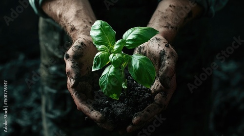 A person’s hands hold a small basil plant with soil, preparing to plant it in the garden.