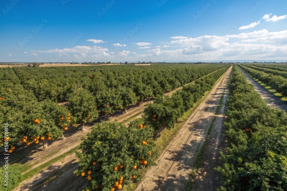 Obraz premium Aerial View of a Thriving Orange Orchard Under a Clear Blue Sky