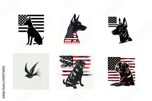 Patriotic dog silhouettes with american flag designs