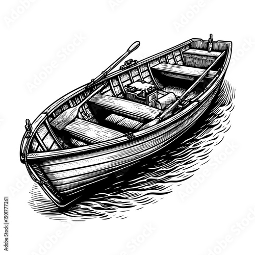 small wooden boat sketch engraving black and white outline. Scratch board imitation.