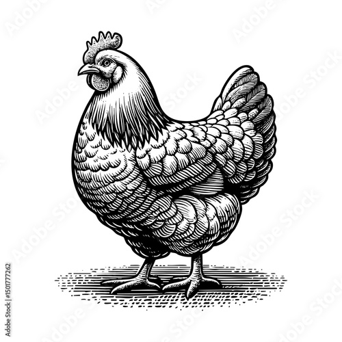 Chicken hen sketch engraving black and white outline. Scratch board imitation.  illustrated in vintage line art style on a white background.