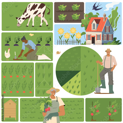 Agriculture, farm poster design. Agricultural infographics background of village, countryside with chicken, harvest, plants, farmland. Rural flat vector illustrations.