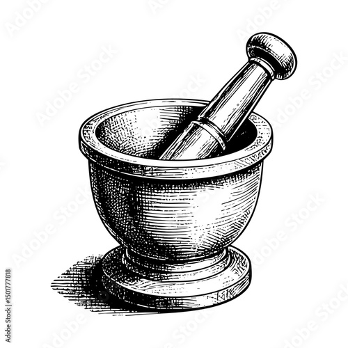Herb mortar pestle engraving black and white outline. Scratch board imitation. illustrated in vintage line art style on a white background.