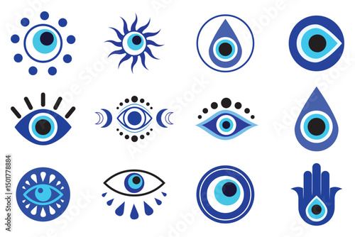 Evil eye talisman icons. Turkish or greek eye symbols. Greece ethnic magic amulet. Mystical blue hamsa icons set in hand drawn style. Nazar amulet symbol. Vector illustration isolated in doodle style.