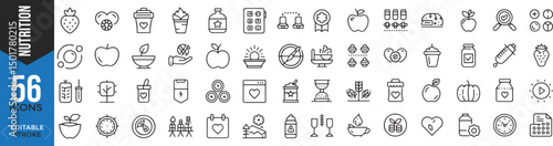 Nutrition and Diet Icon Set – Healthy Eating, Wellness & Weight Management | Editable Stroke Vector

