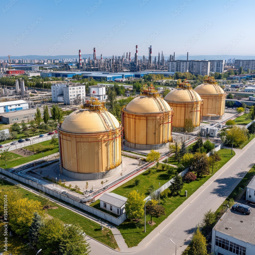 Obraz premium Four Yellow Storage Tanks with Refinery in Background
