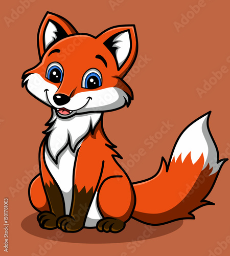smilling fox sitting down with cartoon style on isolated background 