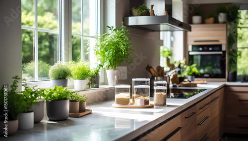 A modern bright kitchen with wooden cabinet fronts, a white countertop and lots of green indoor plants on the windowsill and shelves.