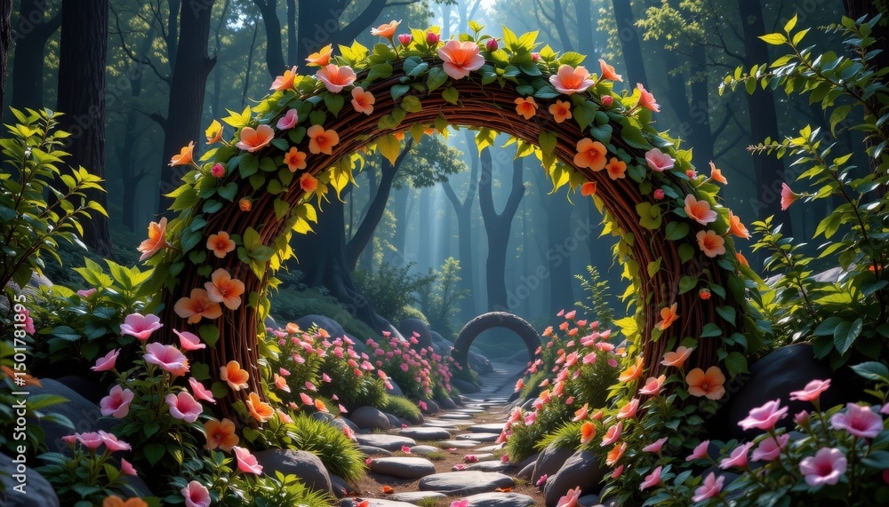 Obraz premium Enchanting Floral Archway in a Magical Forest Nature Photography Serene Environment Dreamlike Viewpoint