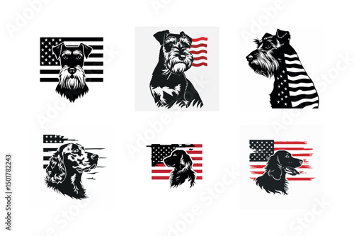 Six patriotic dog portraits american flag background