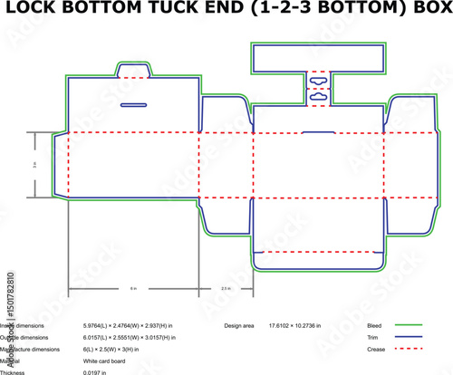 Detailed diagram of a lock bottom tuck end box layout for packaging design