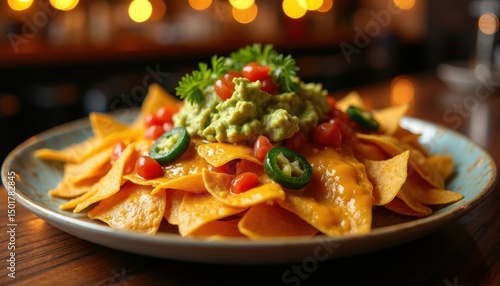 Plate of cheesy nachos with guacamole, salsa, and jalapeños, in bar