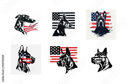 Patriotic dog breed portraits american flag
