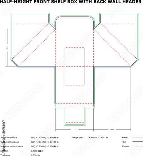 Detailed schematic for a half-height shelf box featuring dimensions and specifications for packaging design