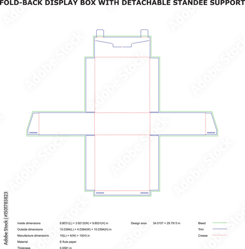 Fold-back display box template with detachable standee support for packaging design