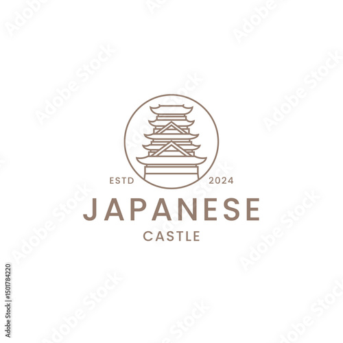 Japanese Castle Line Art in Circle – Minimalist Traditional Architecture Icon