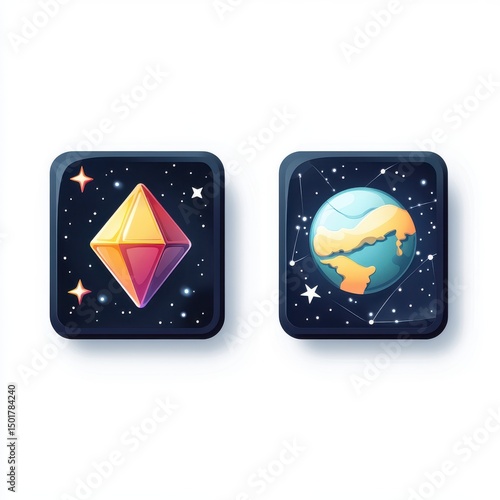 Space gem and planet icons isolated on white background