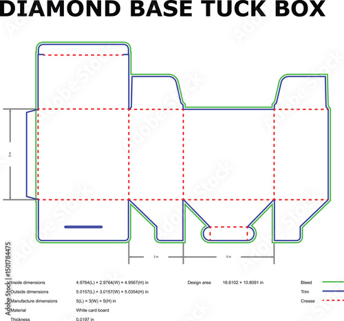 Detailed diamond base tuck box diagram with dimensions and manufacturing specifications