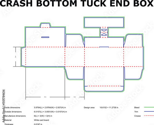 Detailed diagram of a crash bottom tuck end box with dimensions and specifications