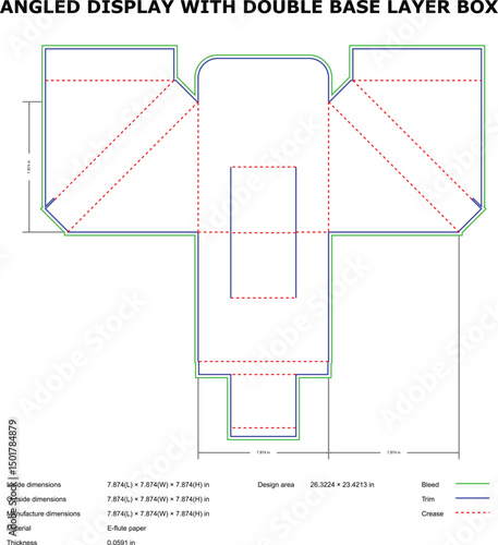 Detailed angled display packaging template with measurements and crease lines for design purposes