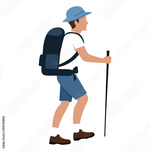 Male hiker walking with backpack and trekking pole