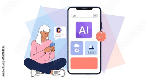 vector, illustration, photo of a woman using a smartphone, phone screen with AI