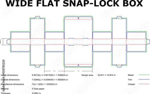 Detailed vector blueprint of a wide flat snap lock box with dimensions outlined