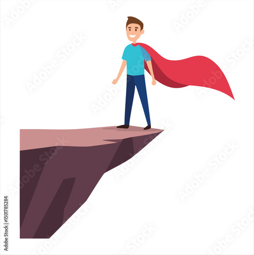 Superhero man standing on cliff edge brave courageous