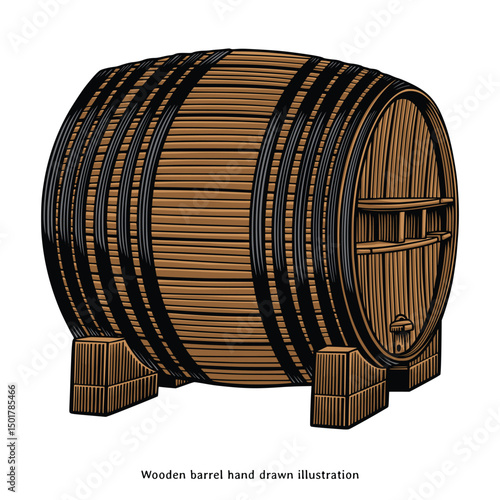 Vintage Wooden Barrel Illustration – Hand Drawn Oak Wine Cask