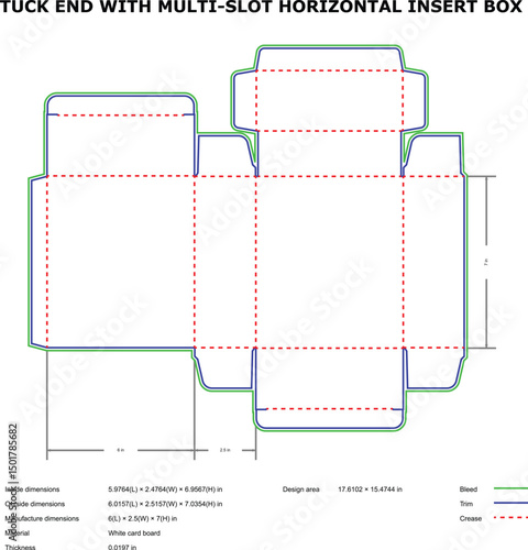 Detailed vector blueprint of a tuck end box with multi slot horizontal insert and measurements.