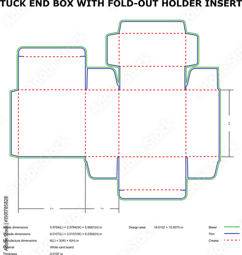 Detailed diagram of a tuck end box with fold out holder insert for packaging design