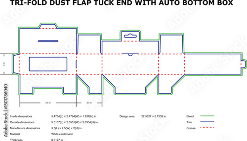 Packaging die-cut template for a tri-fold dust flap tuck end with auto bottom box vector