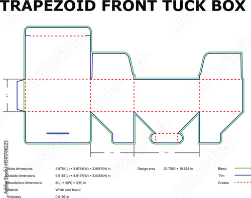 Detailed vector diagram of a trapezoid front tuck box packaging template blueprint