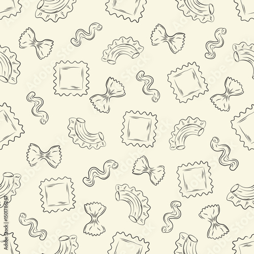 Hand-drawn seamless pattern with various Italian pasta. Designed for wrapping paper, packaging, fabric, and textile design. Vector illustration.