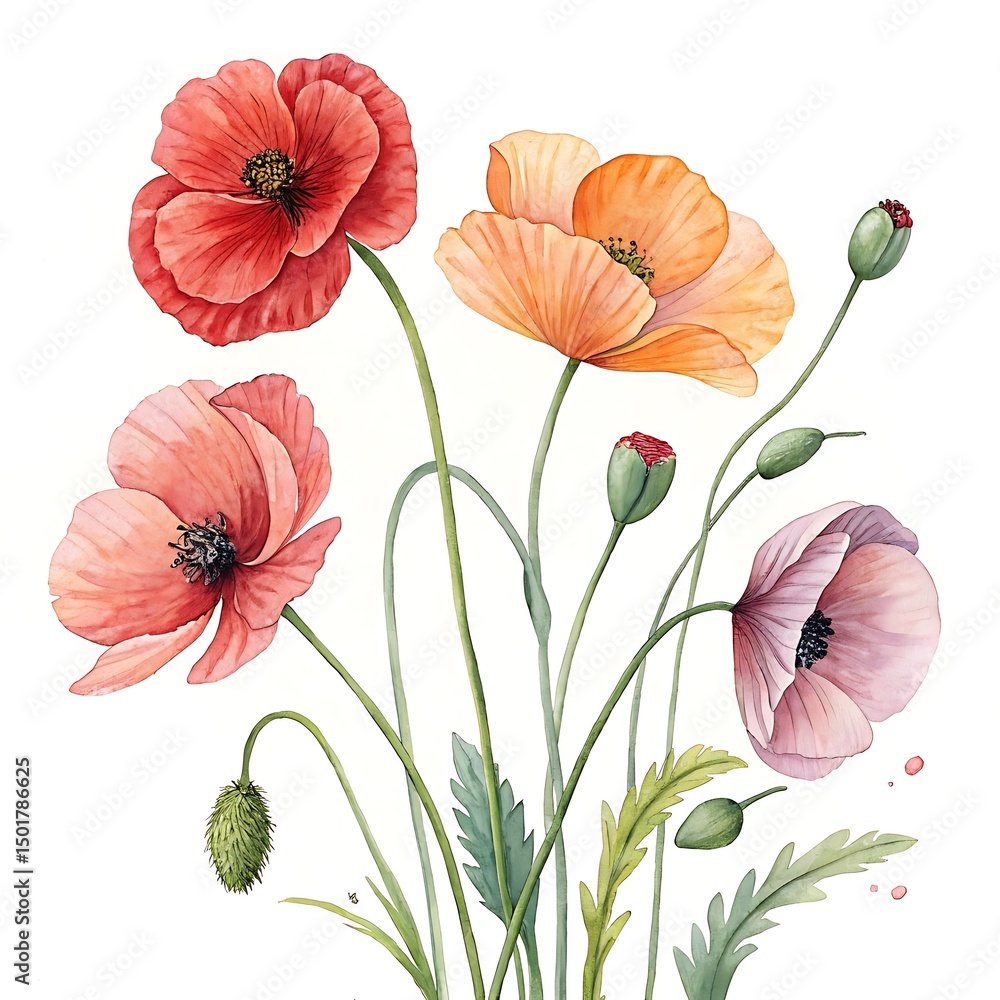Obraz premium Watercolor Poppy Flowers Isolated on White background