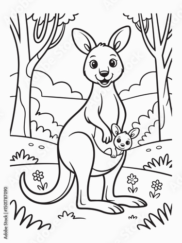 Cheerful Kangaroo Holding a Joey in Its Pouch Coloring Page
