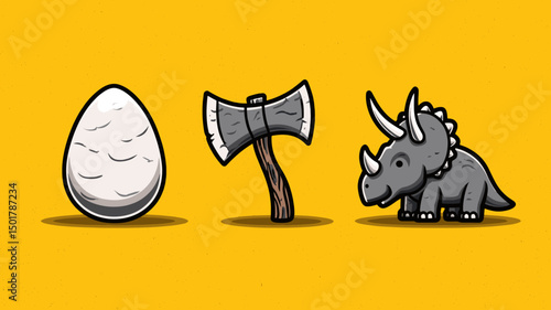 Egg, axe, and Triceratops standing on the yellow ground with an illustration style art creation