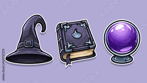 Cartoon witch hat, spell book, and purple crystal ball still life on a light purple background depicting magic items