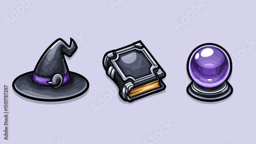 Wizard and witchcraft concept with wizard hat, antique spellbook, and shiny purple fortune telling crystal ball