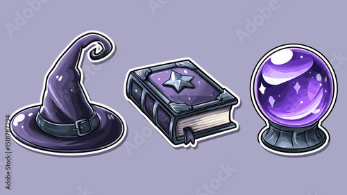 Illustrated witch accessories includes pointy hat, spell book with star and crystal ball, set on light purple background